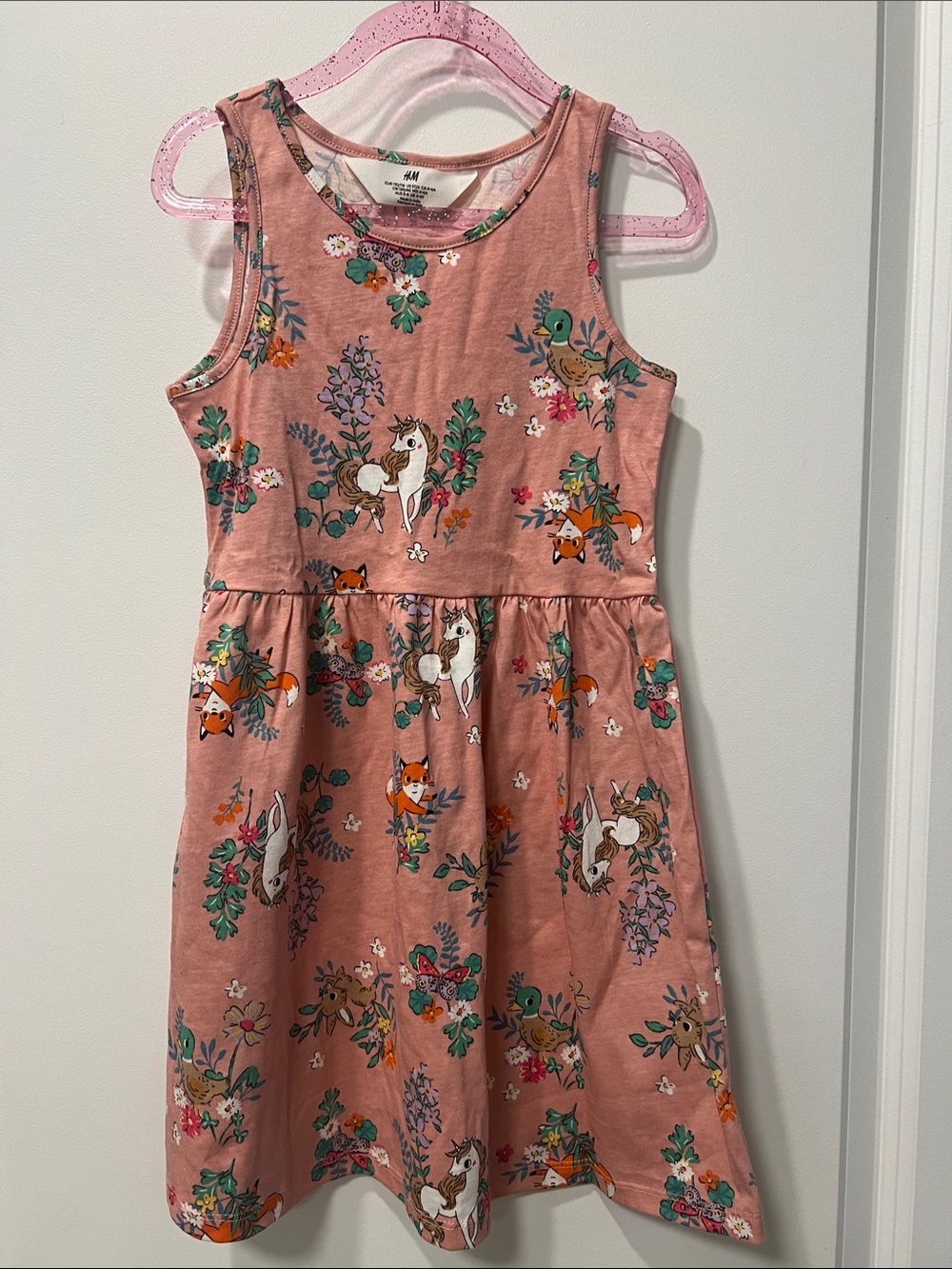 H&M Girls' Pink Floral & Woodland Animal Dress NWOT, 100% cotton